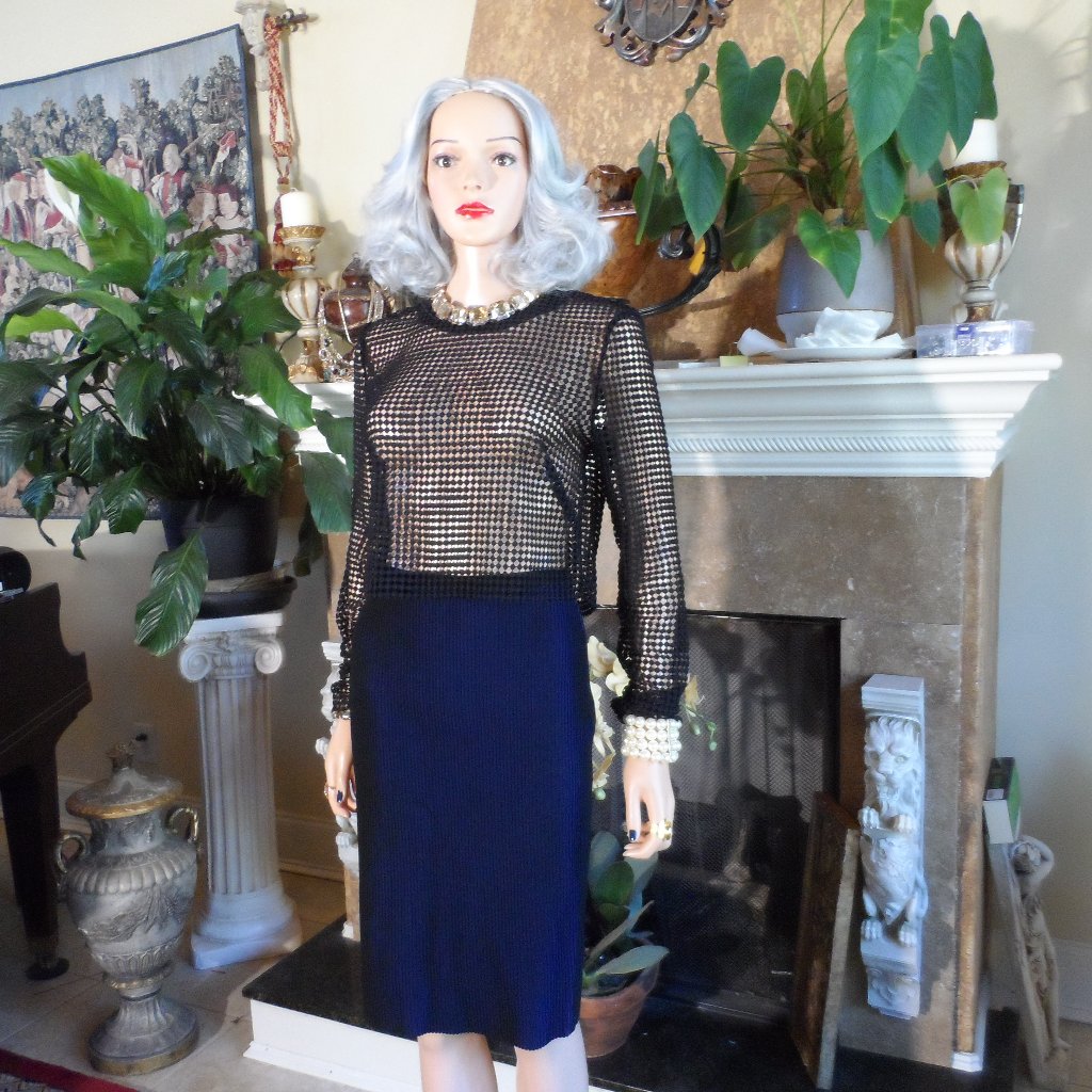 Diane Von Furstenberg Black/Blue Pleat Knit Skirt & Sheer Knit Top Set Size Xs/S